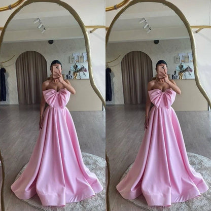 Aimishang Sweet A Line Strapless Satin Long Prom Dress With Bow Lovely Evening Dress Cute Birthday Party Outfit