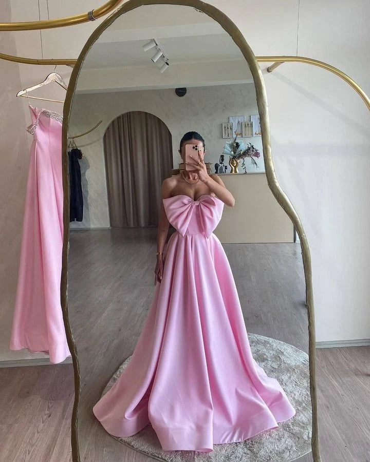 Aimishang Sweet A Line Strapless Satin Long Prom Dress With Bow Lovely Evening Dress Cute Birthday Party Outfit