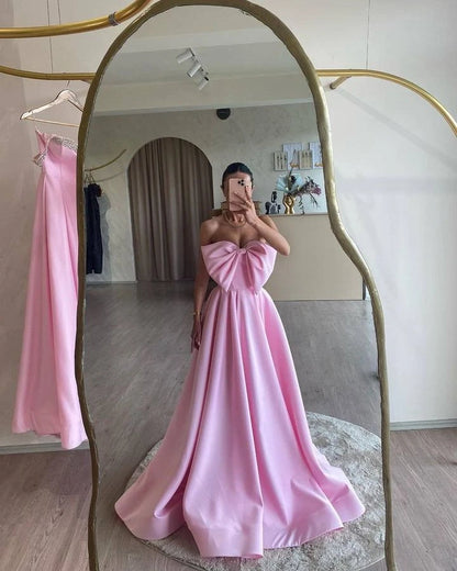 Aimishang Sweet A Line Strapless Satin Long Prom Dress With Bow Lovely Evening Dress Cute Birthday Party Outfit
