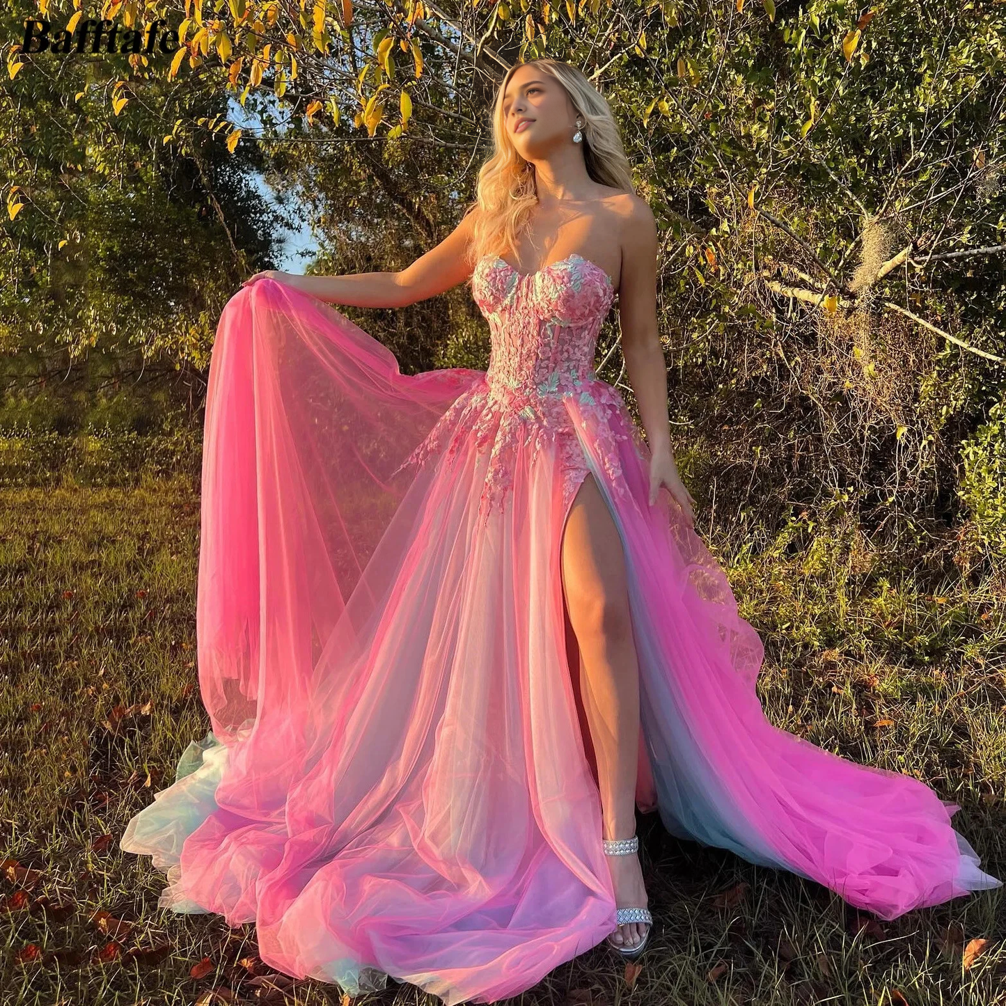 Aimishang Sweet A Line Strapless Tulle Long Prom Dress With Appliques And Slit Charming Birthday Party Dress