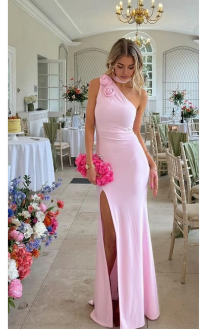 Aimishang Sweet Halter One-Shoulder Long Prom Dress With Flowers Simple Formal Dress Charming Birthday Party Dress