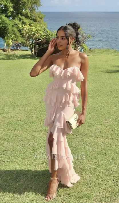 Aimishang Sweet Mermaid Strapless Chiffon Ruffled Long Formal Prom Dress With Slit Lovely Party Evening Gowns Elegant Wedding Guest Dress