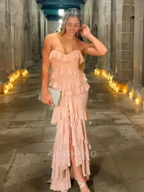 Aimishang Sweet Mermaid Strapless Chiffon Ruffled Long Formal Prom Dress With Slit Lovely Party Evening Gowns Elegant Wedding Guest Dress