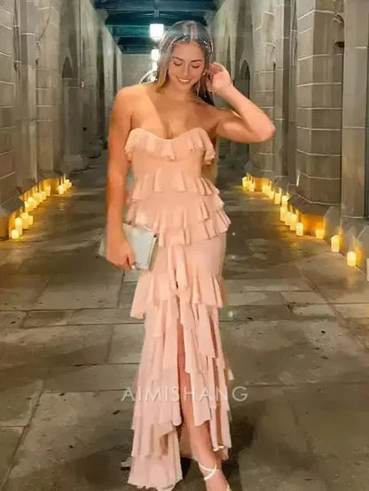 Aimishang Sweet Mermaid Strapless Chiffon Ruffled Long Formal Prom Dress With Slit Lovely Party Evening Gowns Elegant Wedding Guest Dress