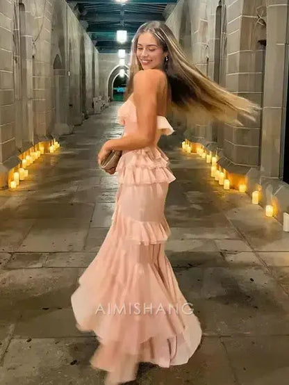 Aimishang Sweet Mermaid Strapless Chiffon Ruffled Long Formal Prom Dress With Slit Lovely Party Evening Gowns Elegant Wedding Guest Dress