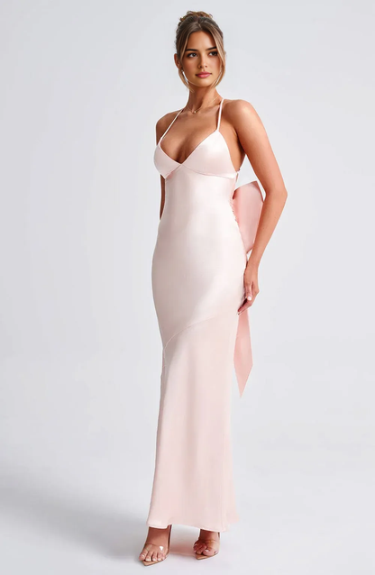 Aimishang Sweet V-neck Backless Satin Long Prom Dress With Bow Simple Formal Dress Lovely Birthday Party Dress