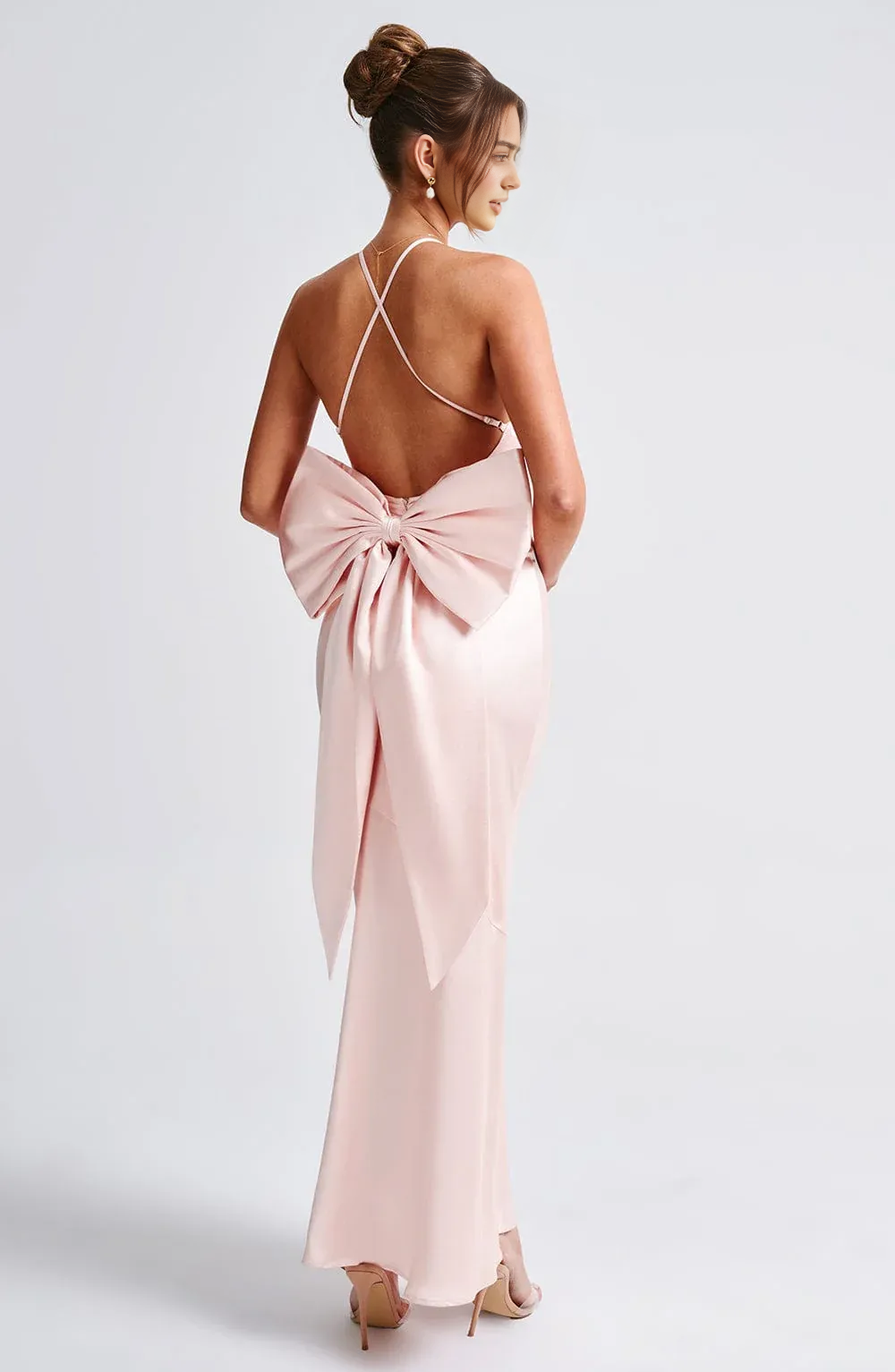 Aimishang Sweet V-neck Backless Satin Long Prom Dress With Bow Simple Formal Dress Lovely Birthday Party Dress