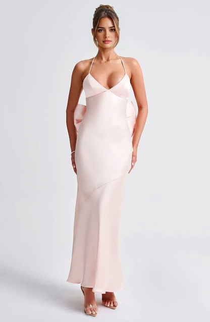 Aimishang Sweet V-neck Backless Satin Long Prom Dress With Bow Simple Formal Dress Lovely Birthday Party Dress