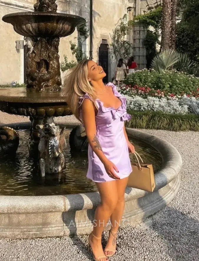 Aimishang Sweet V-neck Sleeveless Ruffle Short Homecoming Dress Cute Birthday Party Dress Lovely Back To School Dress