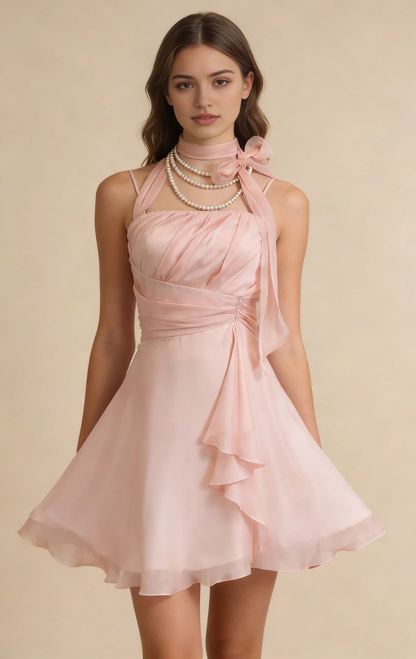 Aimishang Sweet A-Line Halter Sleeveless Draped Ruffled Short Homecoming Dress Lovely Party Dress