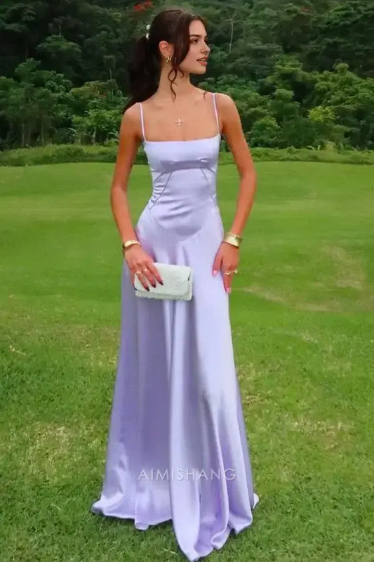 Aimishang Sweet A-Line Spaghetti Straps Satin Maxi Dress Sleeveless Lovely Graduation Dress Long Formal Prom Dress Elegant Party Evening Gowns