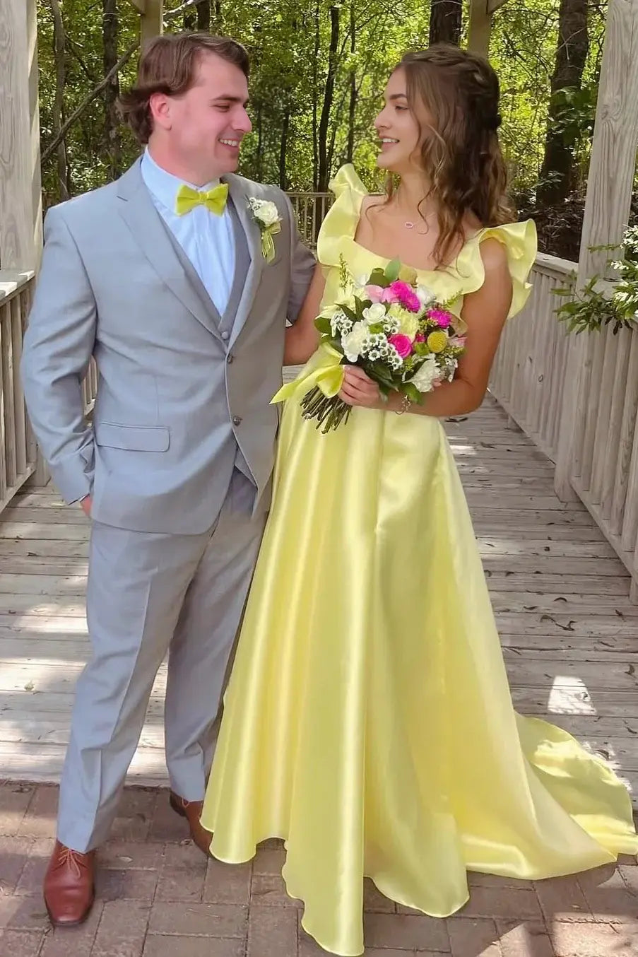 Aimishang Sweet A-Line Square Neckline Ruffle Satin Graduation Party Dress Lovely Long Formal Prom Dress With Train