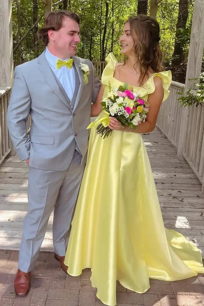 Aimishang Sweet A-Line Square Neckline Ruffle Satin Graduation Party Dress Lovely Long Formal Prom Dress With Train