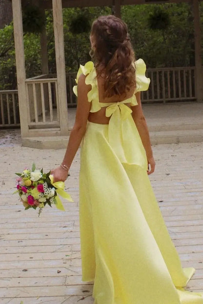 Aimishang Sweet A-Line Square Neckline Ruffle Satin Graduation Party Dress Lovely Long Formal Prom Dress With Train