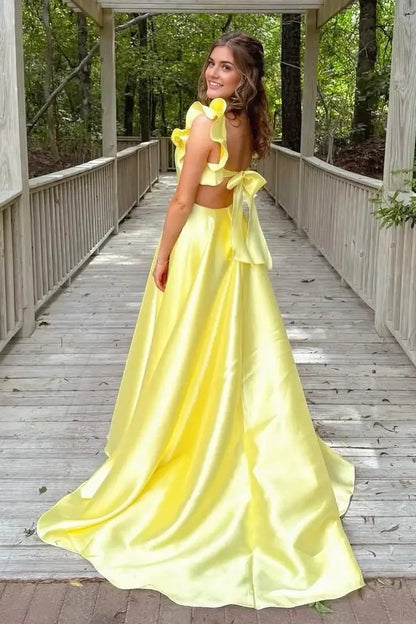 Aimishang Sweet A-Line Square Neckline Ruffle Satin Graduation Party Dress Lovely Long Formal Prom Dress With Train