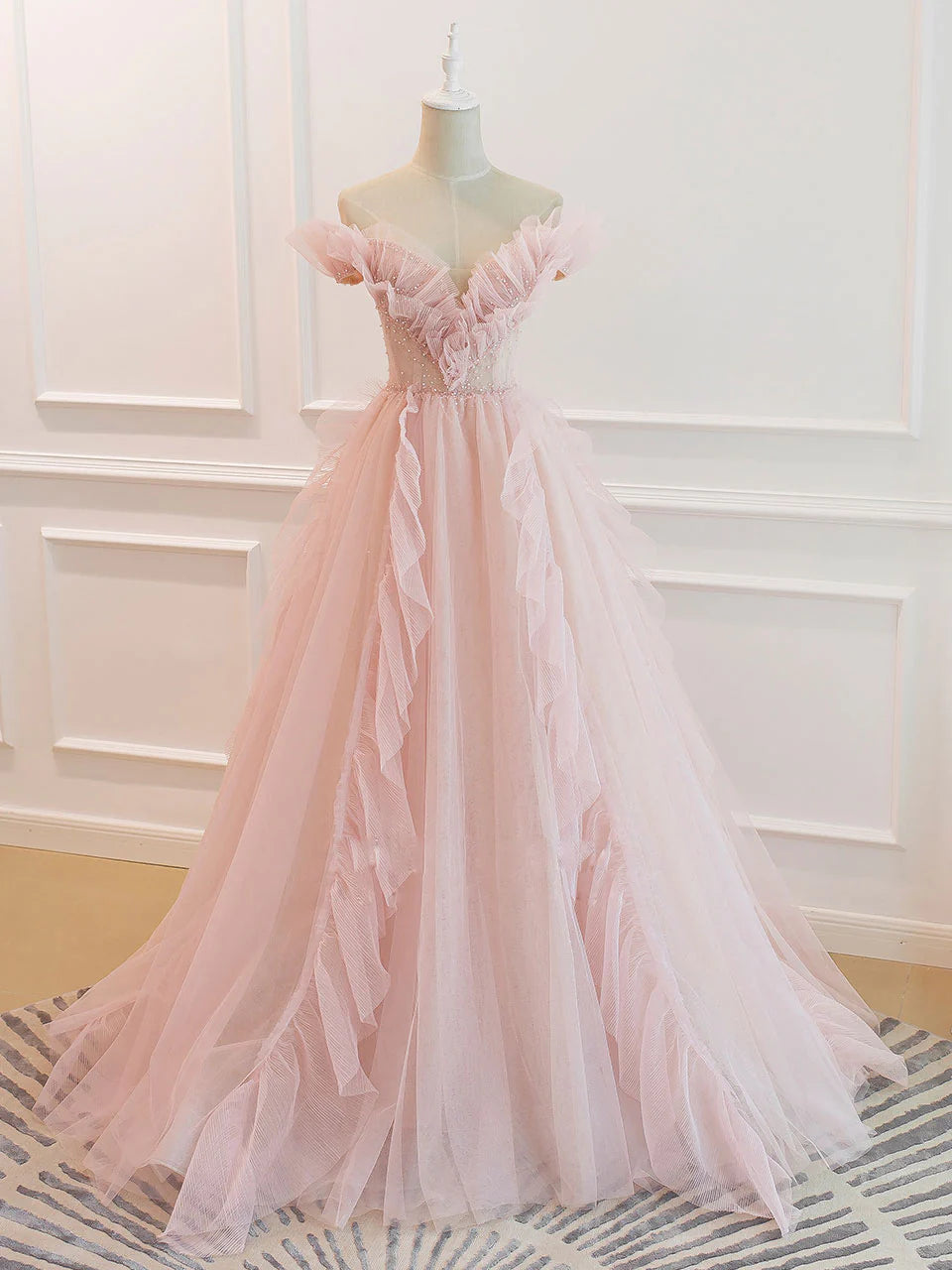 Aimishang Sweet A-line Off Shoulder Tulle Beaded Long Formal Prom Dress Lovely Party Evening Gown
