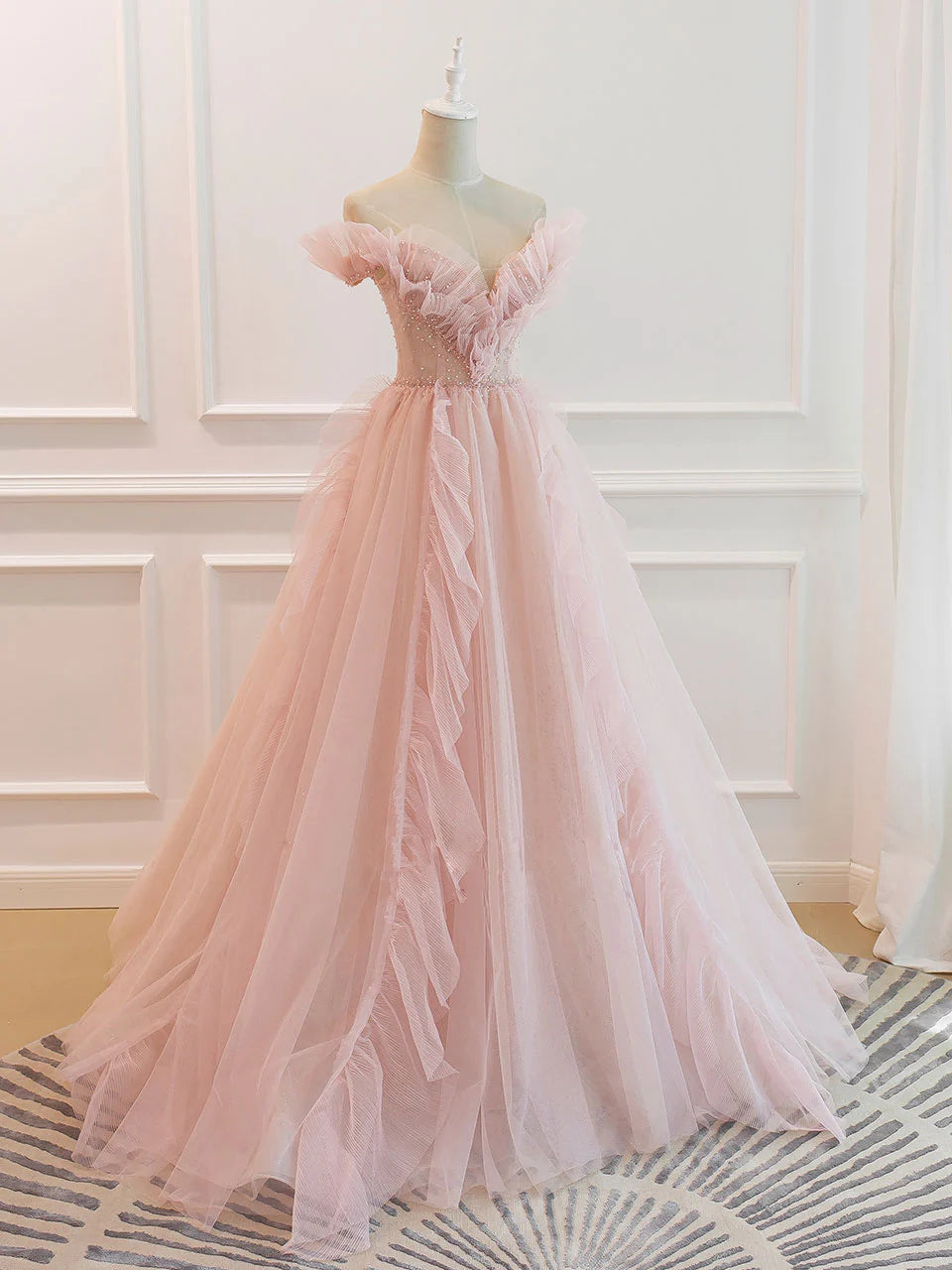 Aimishang Sweet A-line Off Shoulder Tulle Beaded Long Formal Prom Dress Lovely Party Evening Gown