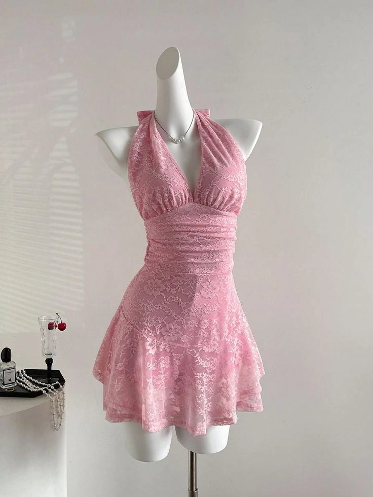 Aimishang Sweet A Line Halter Sleeveless Lace Short Homecoming Dress Summer Mini Birthday Party Dress