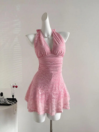 Aimishang Sweet A Line Halter Sleeveless Lace Short Homecoming Dress Summer Mini Birthday Party Dress