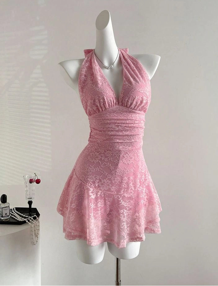 Aimishang Sweet A Line Halter Sleeveless Lace Short Homecoming Dress Summer Mini Birthday Party Dress