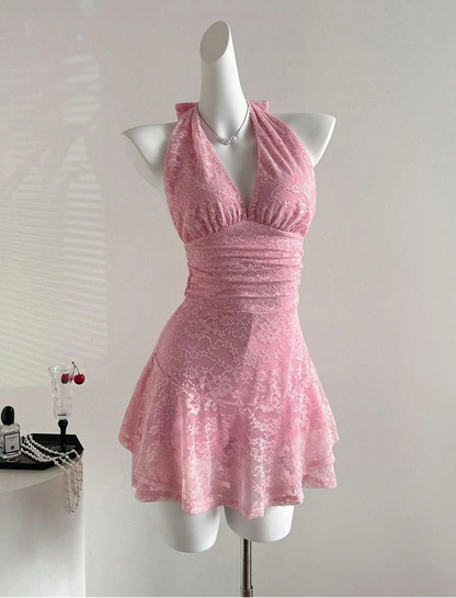 Aimishang Sweet A Line Halter Sleeveless Lace Short Homecoming Dress Summer Mini Birthday Party Dress