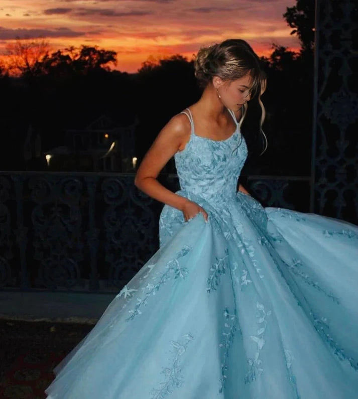 Aimishang Sweet A Line Princess Sleeveless Blue Long Formal Prom Dress Elegant Birthday Party Dress with Appliques