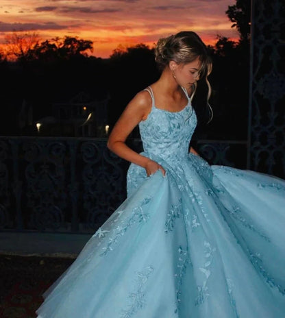 Aimishang Sweet A Line Princess Sleeveless Blue Long Formal Prom Dress Elegant Birthday Party Dress with Appliques
