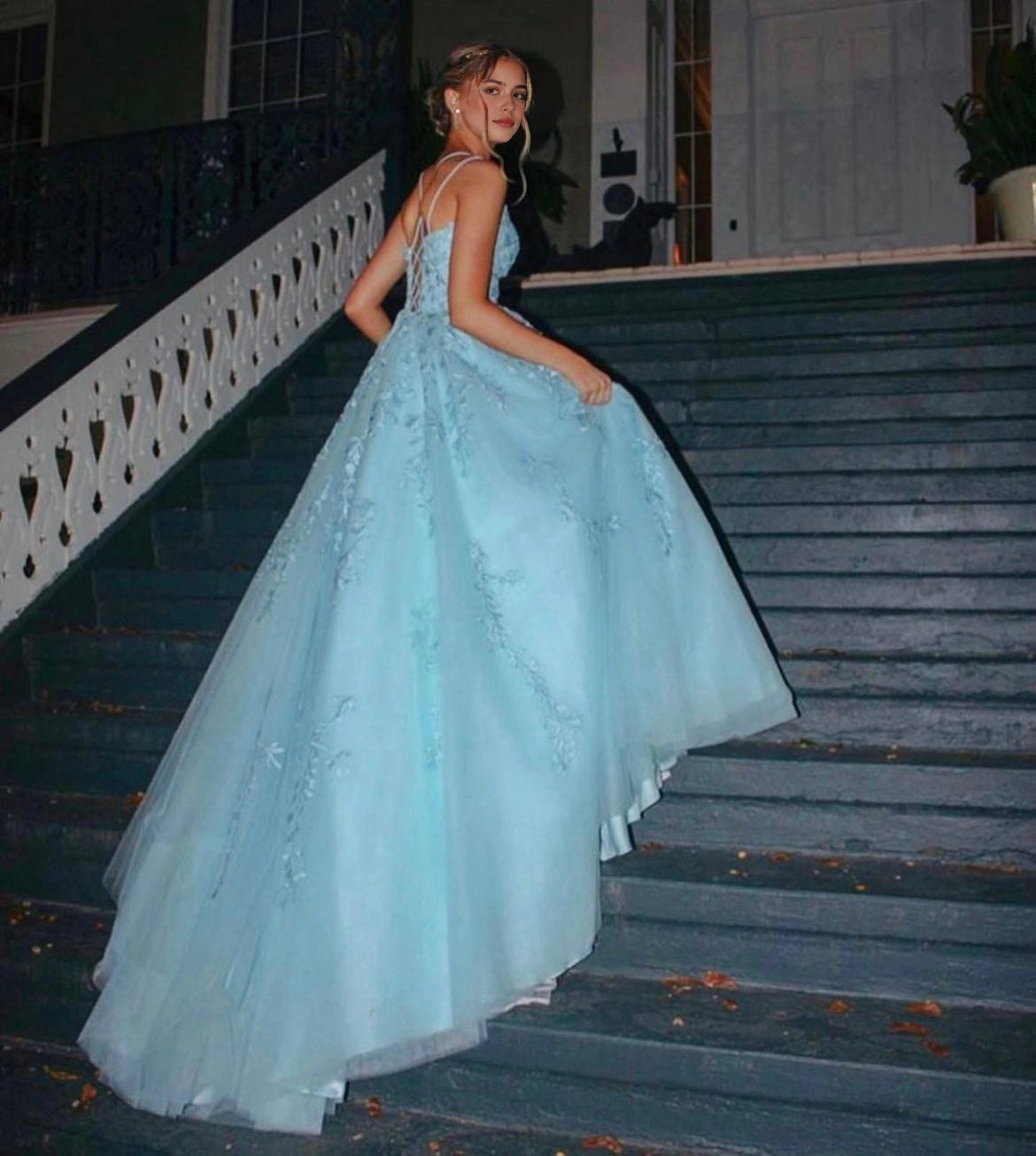 Aimishang Sweet A Line Princess Sleeveless Blue Long Formal Prom Dress Elegant Birthday Party Dress with Appliques