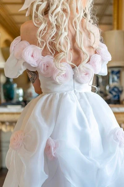 Aimishang Sweet A Line Short Sleeves Birthday Party Dress Cute Graduation Homecoming Dress with 3D Flowers