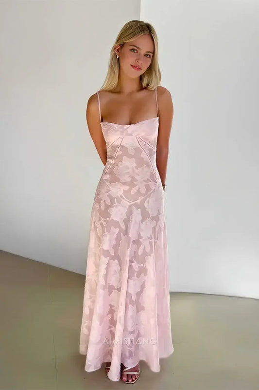 Aimishang Sweet A Line Spaghetti Straps Floral Maxi Dress Sleeveless Lovely Graduation Dress Long Formal Prom Dress Elegant Party Evening Gowns