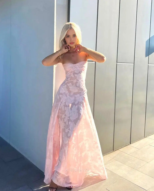 Aimishang Sweet A Line Spaghetti Straps Floral Maxi Dress Sleeveless Long Formal Prom Dress Elegant Party Evening Gowns Lovely Graduation Dress