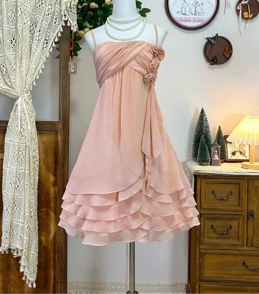 Aimishang Sweet A Line Spaghetti Straps Sleeveless Ruffle Floral Short Party Prom Dress Lovely Homecoming Dress