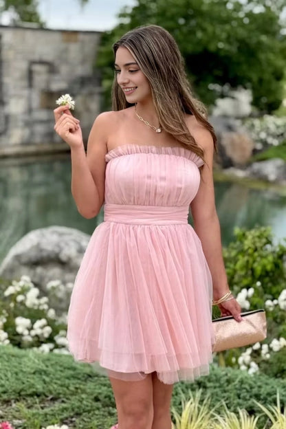 Aimishang Sweet A Line Strapless Sleeveless Tulle Short Birthday Party Dress Cute Homecoming Dress
