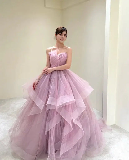 Aimishang Sweet Ball Gown Strapless Ruffle Long Formal Prom Dress Lovely Party Evening Gown