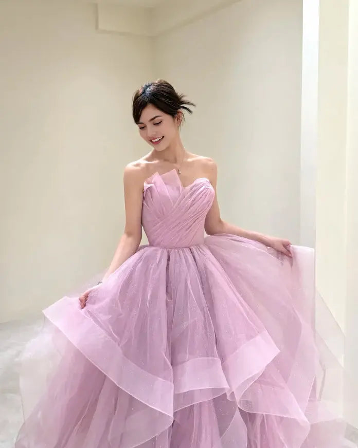 Aimishang Sweet Ball Gown Strapless Ruffle Long Formal Prom Dress Lovely Party Evening Gown