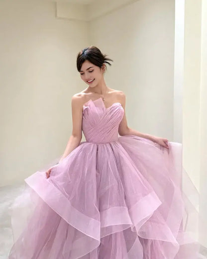 Aimishang Sweet Ball Gown Strapless Ruffle Long Formal Prom Dress Lovely Party Evening Gown