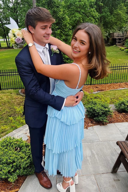 Aimishang Sweet Blue A Line Sleeveless Tiered Pleat Graduation Dress Elegant Long Formal Prom Dress with Pearls