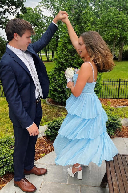 Aimishang Sweet Blue A Line Sleeveless Tiered Pleat Graduation Dress Elegant Long Formal Prom Dress with Pearls