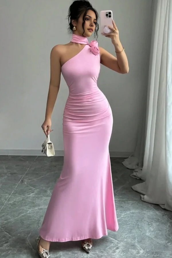 Aimishang Sweet Halter One-Shoulder Long Prom Dress With Flowers Simple Formal Dress Charming Birthday Party Dress
