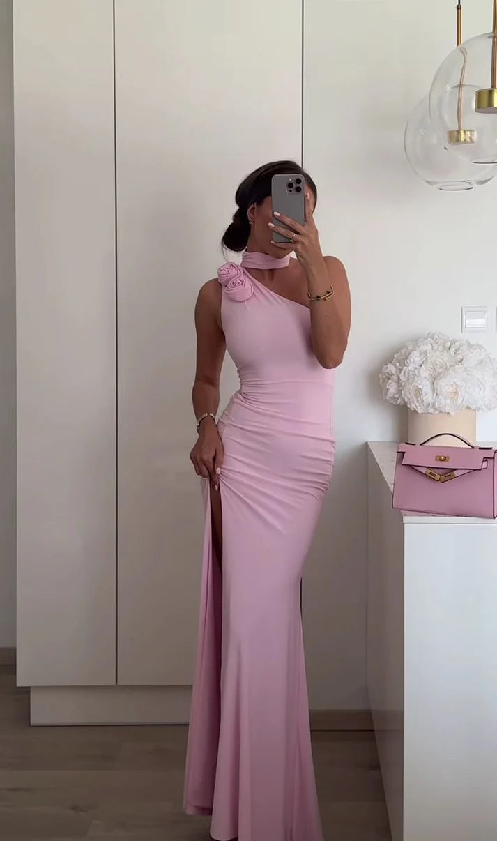 Aimishang Sweet Halter One-Shoulder Long Prom Dress With Flowers Simple Formal Dress Charming Birthday Party Dress