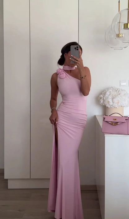 Aimishang Sweet Halter One-Shoulder Long Prom Dress With Flowers Simple Formal Dress Charming Birthday Party Dress