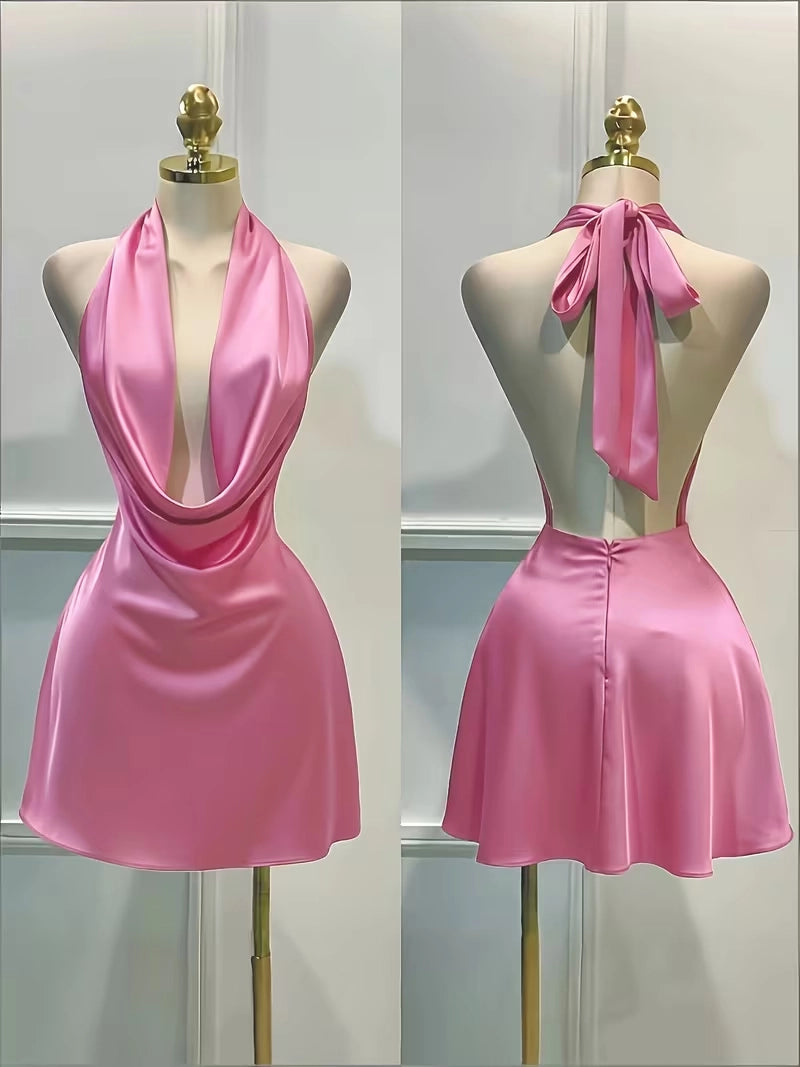 Aimishang Sweet Halter Sleeveless Satin Short Homecoming Dress Stylish Mini Summer Party Dress