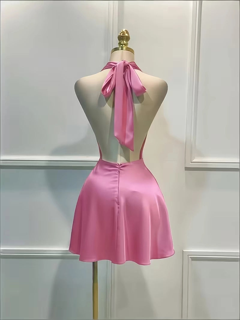 Aimishang Sweet Halter Sleeveless Satin Short Homecoming Dress Stylish Mini Summer Party Dress