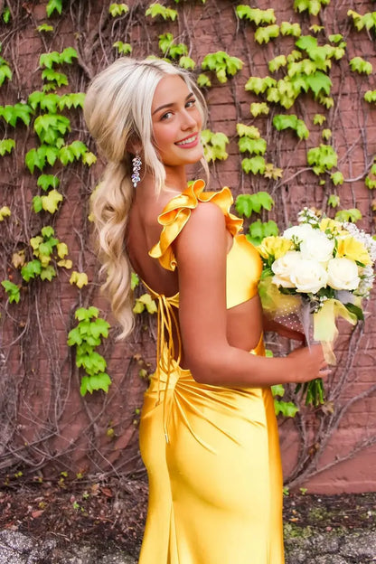 Aimishang Sweet Mermaid Ruffle Straps Cutout Sleeveless Evening Party Dresses Lovely Long Formal Graduation Dress