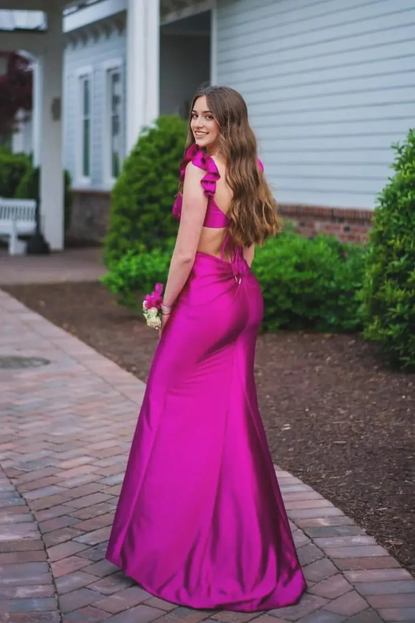 Aimishang Sweet Mermaid Ruffle Straps Cutout Sleeveless Evening Party Dresses Lovely Long Formal Graduation Dress