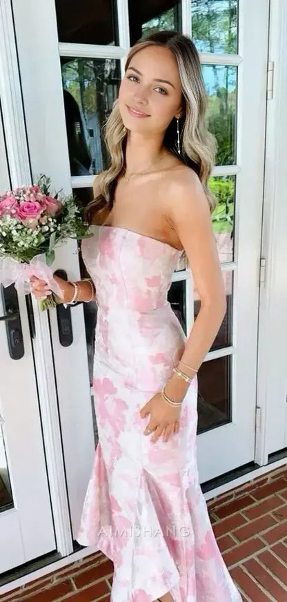 Aimishang Sweet Mermaid Strapless Print Floral Formal Prom Dress Elegant Sleeveless Party Evening Gown Charming Graduation Dress