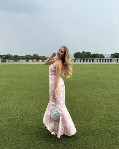 Aimishang Sweet Mermaid Strapless Print Floral Formal Prom Dress Elegant Sleeveless Party Evening Gown Charming Graduation Dress