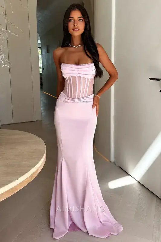Aimishang Sweet Mermaid Strapless Sleeveless Long Formal Prom Dress Elegant Graduation Dress Charming Evening Gown