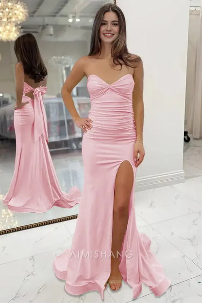 Aimishang Sweet Mermaid Light Blue Strapless Sleeveless Long Formal Prom Dress With Slit Charming Graduation Dress Elegant Party Evening Gowns