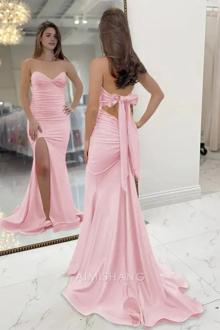 Aimishang Sweet Mermaid Light Blue Strapless Sleeveless Long Formal Prom Dress With Slit Charming Graduation Dress Elegant Party Evening Gowns